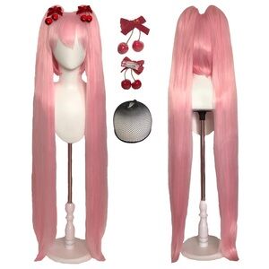 Pink Long Straight Wig with Cherry Accessories
